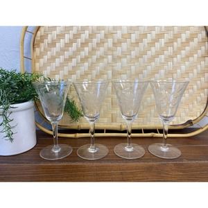 Set of 4 Vintage Etched Wine Glasses - Floral Pattern